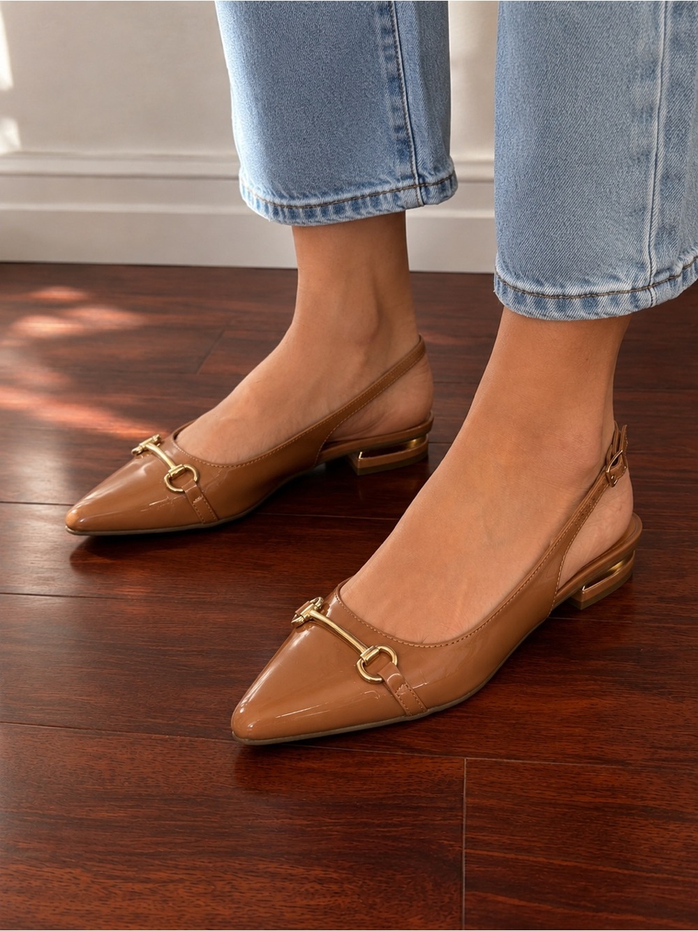 Jones New York Camel Patent Pointed-Toe Slingback Flats with Gold Accent